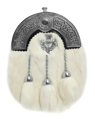 100% LEATHER WHITE RABBIT FUR 3 TASSELS SCOTTISH BRASS CANTLE SPORRAN WITH BELT  - Image 1 of 4