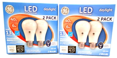 2 - 4 GE LED Lightbulbs 6 Watts DAYLIGHT A19 Dimmable 480 Lumens 40 Watts - Image 1 of 4