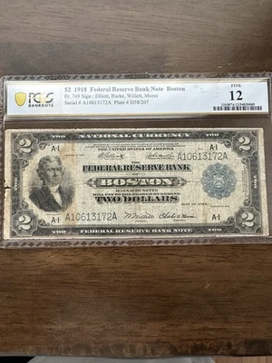 1918 2 battleship Federal Reserve Note Boston Pmg12 - Image 1 of 2