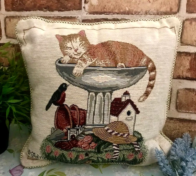 ADRIENNE SAMUELSON VINTAGE 12" TAPESTRY ACCENT PILLOW PUSSYCAT IN A BIRDBATH - Image 1 of 4