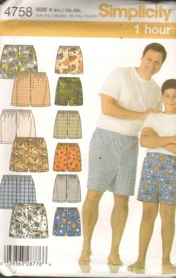 Simplicity 4758 Mens 1XL-5XL Boys Husky S-L Boxer Short Underwear Pattern Uncut - Image 1 of 2