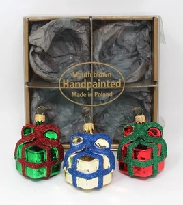 3 Glass Ornaments Christmas Present Glitter Bow Mouth Blown Handmade Poland 2.25 - Picture 1 of 7