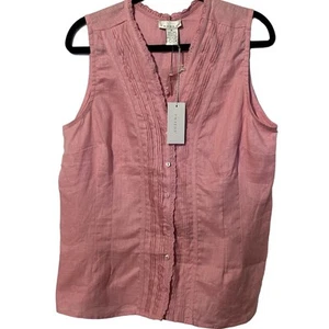 Top Tweeds nuovo con etichette XL 100% lino bottoni senza maniche Costal Pin Tuck pizzo scollo a V - Foto 1 di 9