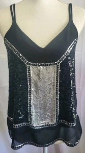 Express Damen Pailletten Tank Top klein schwarz silber Perlen Party Glam durchsichtig Metall - Bild 1 von 9