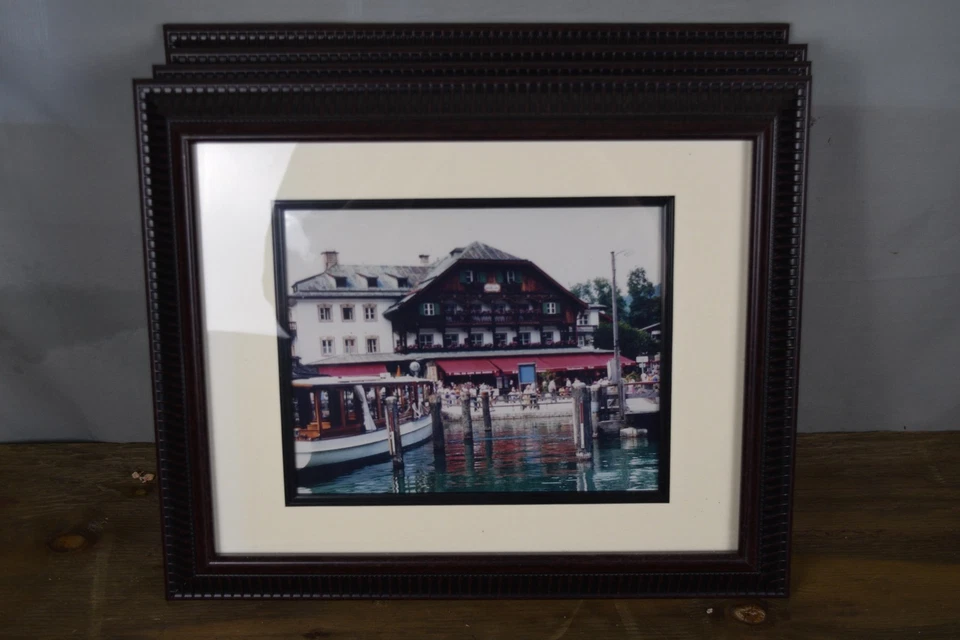 Lakeside Alpine Chalet Boats Pier Framed Matted Color Photo Print Wall Art - image 1 of 3