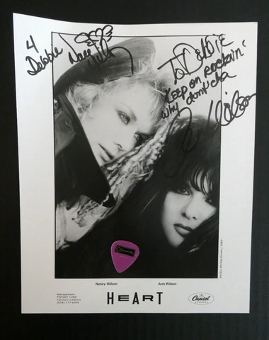 Vtg HEART Ann & Nancy Wilson Autographed Signed 8x10 Promo Photo & Guitar Pick Cover