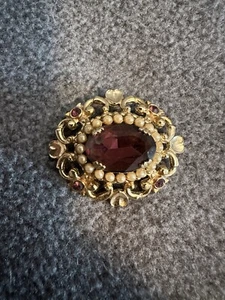 Vintage Coro Gold Amethyst Pearl Oval Brooch Broken Clasp - Picture 1 of 6