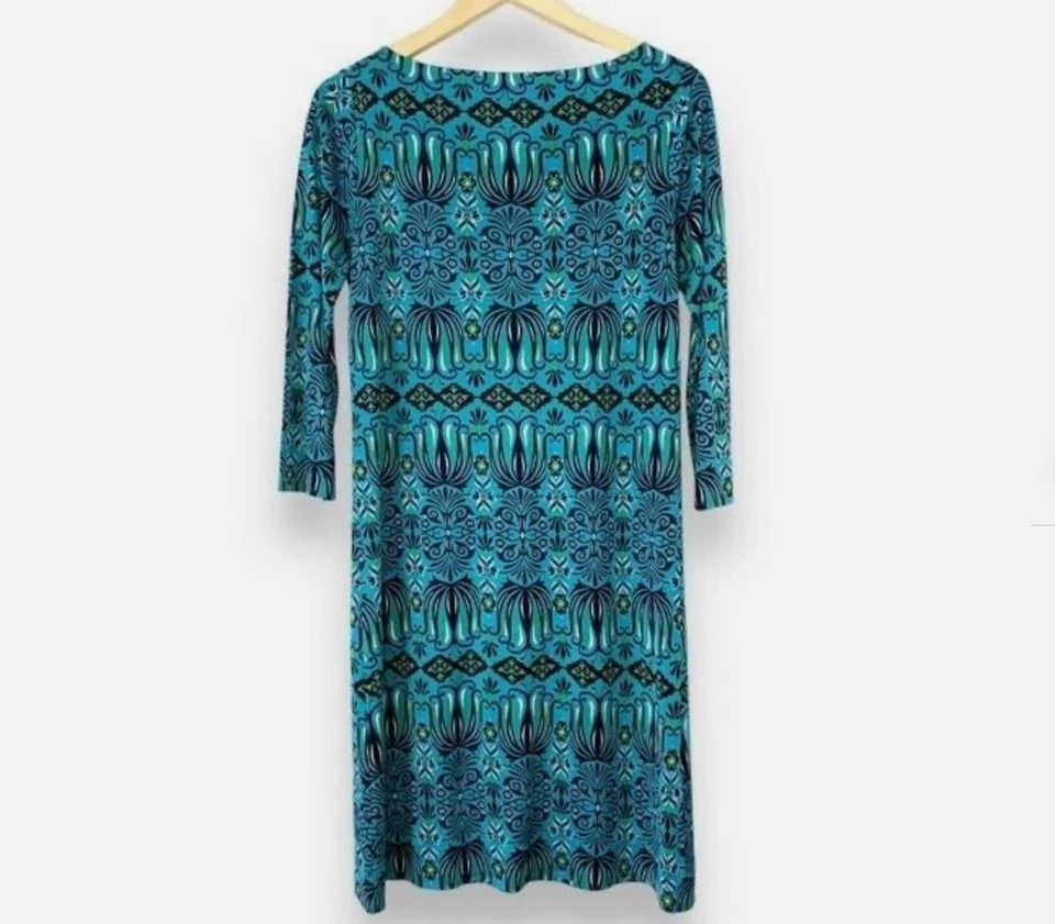 Vestido justo Tory Burch 100% seda jersey padrão turquesa manga 3/4 pequeno - Imagem 1 de 4