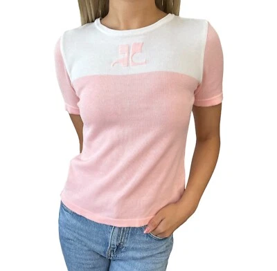 Camiseta Courreges Vintage Logo Bicolor Tejida #9R Top Rosa Blanco Algodón Rango AB Foto 1 de 4