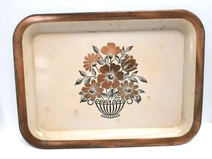 Vintage dekoratives Metall Serviertablett Kupfer Akzente Korb mit Blumen 18" x 13" - Bild 1 von 5