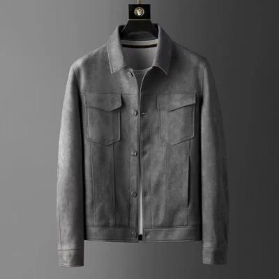 Men Faux Suede Leather Jacket Coat Button Trucker Tops Casual Classic Retro Coat - Image 1 of 4