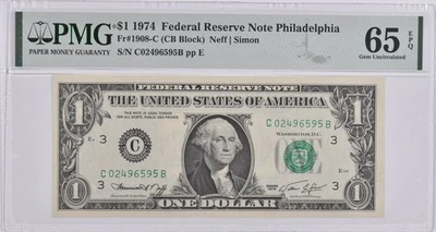 PMG Gem Unc 65 EPQ $1 1974 Philadelphia, PA US Federal Reserve Fr#1908-C *5265 - Image 1 of 3