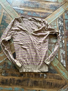 Women’s J Crew Tan Purple Striped V Neck Sweater Size Medium - Picture 1 of 5