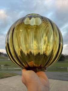 LARGE 9" Vtg Glass Ball Oil Lamp Shade Globe GWTW Gold Amber Ribbed Melon 4" Fit - Picture 1 of 22