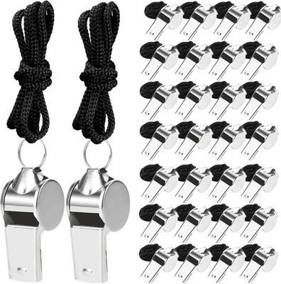 100 Pcs Stainless Steel Whistle with Lanyard, Sports Whistles for Adults, Lou - Image 1 of 2
