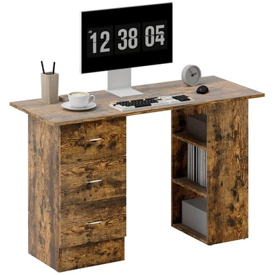 HOMCOM 120cm Computer Desk, Study Table with 3 Shelf & Drawers, Rustic Brown