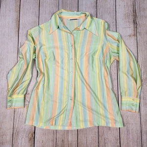 VTG 60s 70s Pastel Stripe Dagger Collar Silky Long Sleeve Blouse Nylon Top XL - Picture 1 of 10