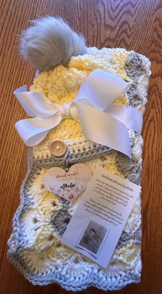 yellow & gray farmhouse  handmade crochet  Baby  blanket & hat set  - Image 1 of 4