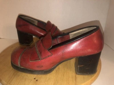 VTG 60s 70s Mod Red Leather Loafers 7M Stacked Heel Costume Designer Retro - Image 1 of 4