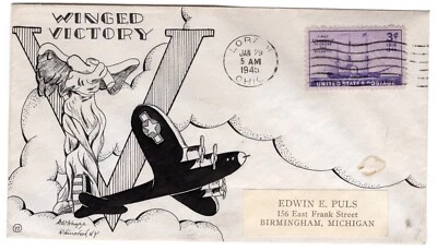 Dorothy Knapp Hand-Drawn Cachet #17 Winged Victory w/ Plane WWII Patriotic 1945 - Image 1 of 2