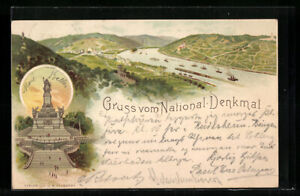 Lithographie Bingen, Ortsansicht mit Rhein aus der Vogelschau, Denkmal 1897 