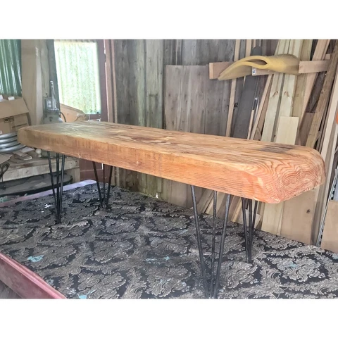 Vintage Heavy Douglas Fir Slab Bench or Coffee Table with Inlay Oak Bow Ties Cover