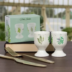 Green Herbs Garden Print 2pcs Ceramic Egg Cups Hand Drawn Chef Spices Design - Picture 1 of 5