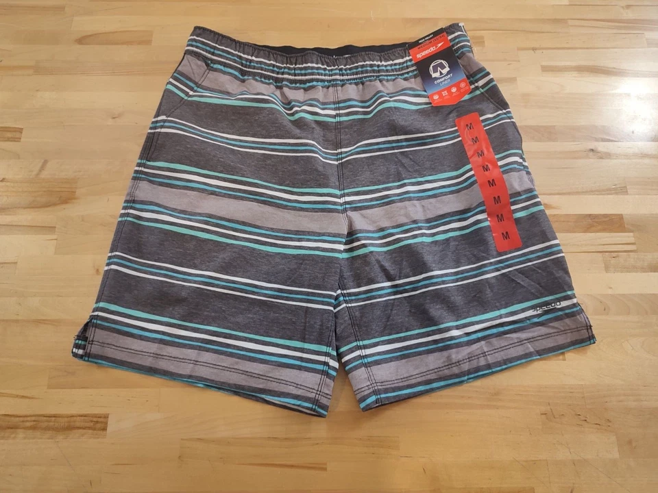 Speedo Men's Tech-Volley Swim Shorts With UV Protection 50 Gray Stripe Small.