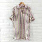 Elan Dress Medium 100% Linen Multicolor Striped Tunic V-Neck Roll Tab Sleeve