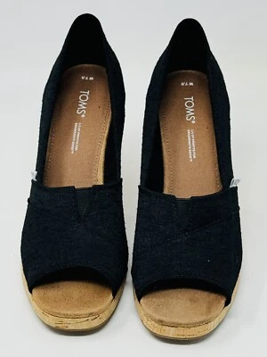TOMS Women's Size 7.5 Black Classic Cork Wedge Heel Shoes Peep Toe Sandal NWOB - Image 1 of 4