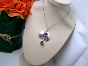 GORGEOUS VINTAGE SOLID STERLING SILVER AMETHYST LAVALIERE PENDANT 18" NECKLACE - Picture 1 of 17