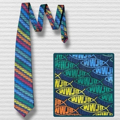 What Would Jesus Do Ralph Marlin Tie Blue Green Rainbow WWJD Christian Fish 1999 - Image 1 of 4