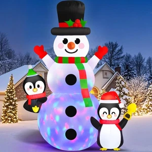 6FT Christmas Inflatable Snowman with Penguins Built-in Rotating Colorful LED... - Foto 1 di 7