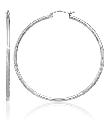 10K Solid White Gold 2mm Round Large Hoop Earrings - Image 1 of 4