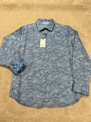 Robert Graham Shirt Men Large Blue Classic Flip Cuff Embossed Floral Button $348 - Image 1 of 4