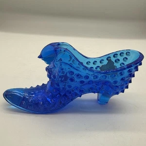 Vintage Fenton Glass Shoe Blue Hobnail Cat Head Slipper Art Glass Panther - Picture 1 of 7