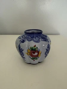 Vintage Small Hand Painted Ceramic Vase Blue w/ Floral Design Numbered Portugal - Picture 1 of 12