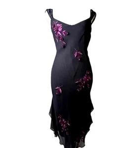 Vintage Betsey Johnson Gr. 6 (4) schwarz lila Seide Midi Fee Rosen 90er Y2K tailliert - Bild 1 von 17