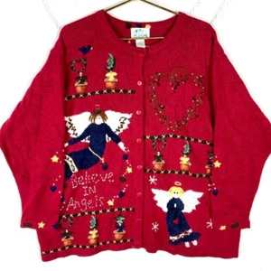 Quacker Factory Vintage Grandma Knit Angel cardigan 2X Embroidered Holidays - Picture 1 of 5