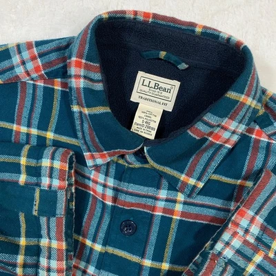 Jaqueta camisa flanela L.L.Bean forrada de lã bolsos xadrez masculina pequena - Imagem 1 de 4