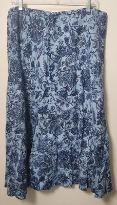 JM Collection Womens Linen Blue Floral Bias Cut Elastic Waist Midi Skirt Sz 16 - Image 1 of 4
