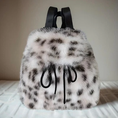 Pretty Snow Leopard Print Faux Fur Backpack Bag Purse - Image 1 of 4