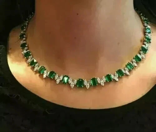 26Ct Lab Created Emerald Cut Green Emerald Tennis Necklace 14K White Gold Plated - Image 1 of 3