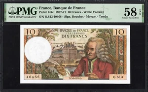 France 10 Francs P147c 1967-71 PMG58 Choice aUNC EPQ French Banknote VOLTAIRE - Picture 1 of 2