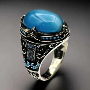 Men's Solid Real 925 Sterling Silver Blue Quartz Gemstone Ring Size 7-15 - Picture 1 of 6