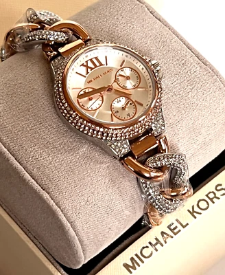 MICHAEL KORS MK6843 Camille Chain Glitz Two-Tone Rose Gold/Silver Watch $395 - Image 1 of 4