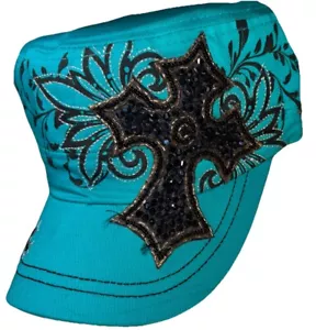 Neu mit Etikett Kbethos Goth Kreuz Strass türkis Kadettenmütze Kappe Damen verstellbar - Bild 1 von 11