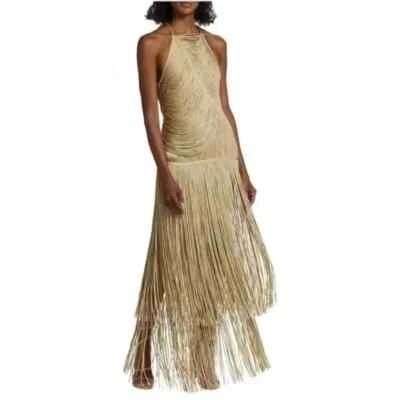 NEW NWT $2890 HERVE LEGER fringe maxi dress gown in metallic gold sz S - Image 1 of 4