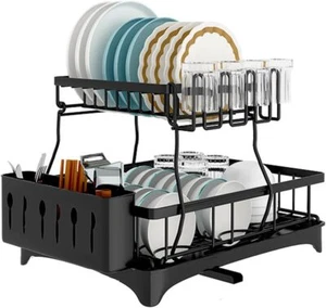 2-Tier Drying Dish Rack and Drain Board Set Utensil Holder Metal Kitchen Counter - Picture 1 of 13