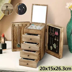 Large Wooden Jewellery Box Storage Mirror Organiser Necklace Rings Earring Gifts - Picture 1 of 9